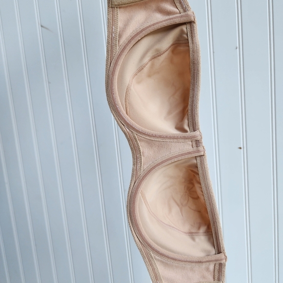 Soma Eva Strapless Bra 34C Satin Unlined Underwire Side Boning Tan Nude Floral - Picture 4 of 9